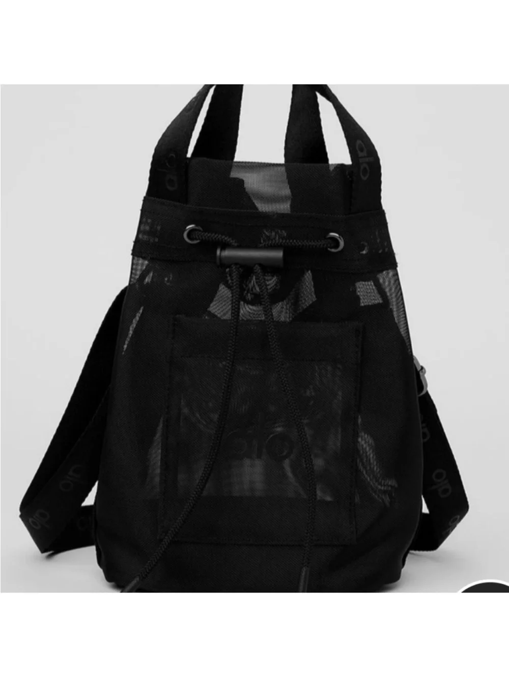 ALO Black Sheer Mesh Bucket Crossbody Bag with drawstring closure